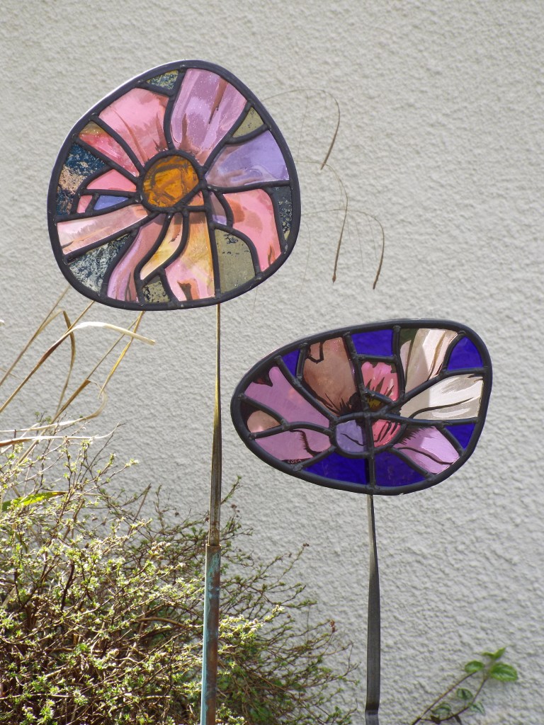 Stained glass peonies, stained glass flower stakes